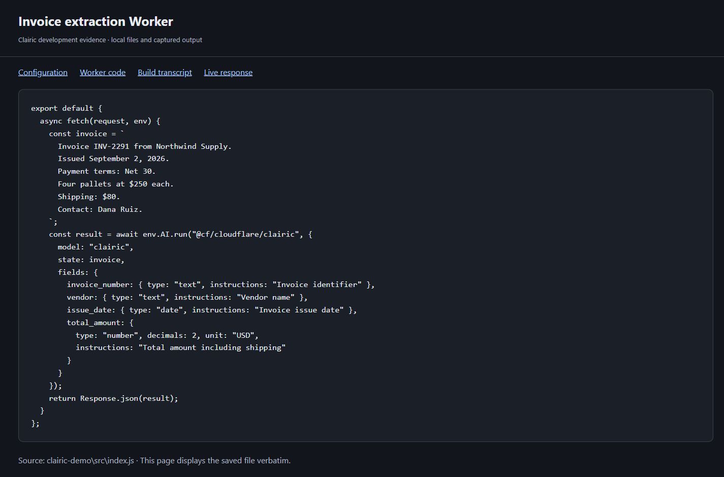 Invoice extraction Worker source in src/index.js calling @cf/cloudflare/clairic with text, date and number fields