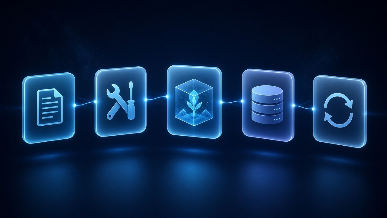 Five harness subsystems as connected modules for instructions, tools, environment, state, and feedback
